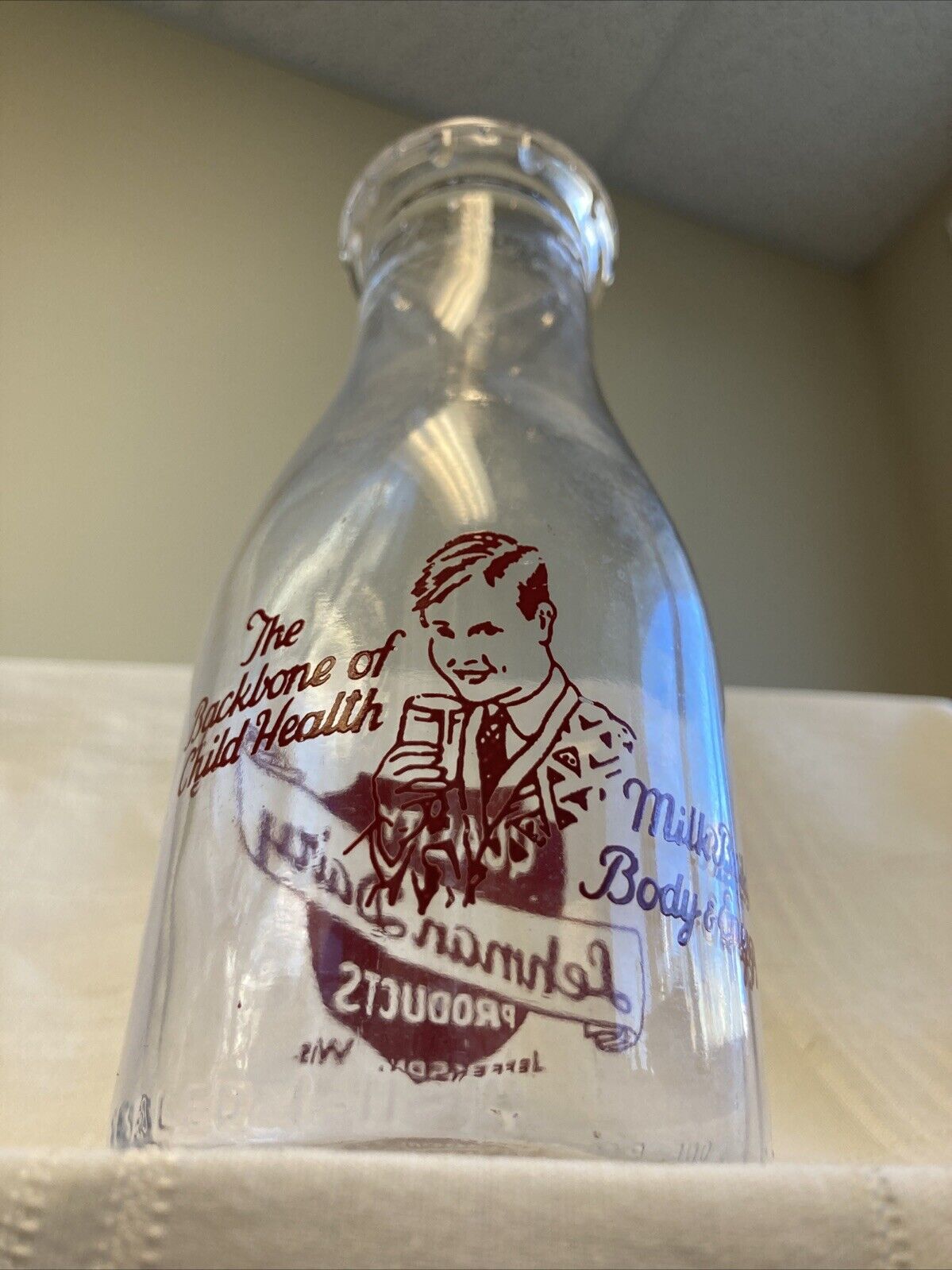 Vintage Pint Milk Bottle Lehman Dairy Jefferson Wisconsin 1947