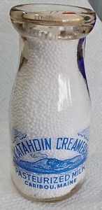 Rare 1943 KATAHDIN CREAMERY Half Pint Milk Bottle w/ Blue Pyro - Caribou Maine