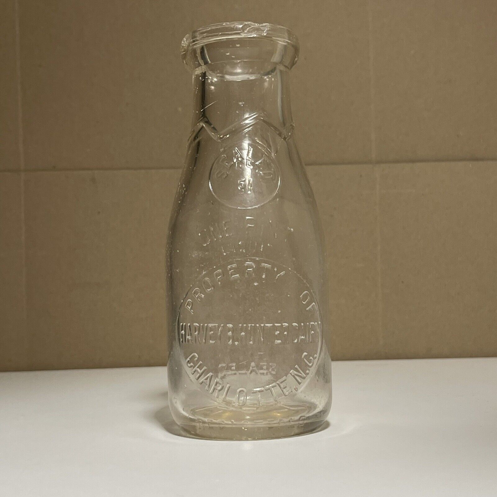 Pint Milk Bottle Harvey B Hunter Dairy Charlotte NC Vintage Glass 1951 Embossed