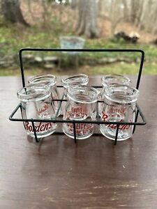 6 VINTAGE DAIRY CREAMER BOTTLES WITH RARE CADDY-OLD SODA FOUNTAIN BORDENS