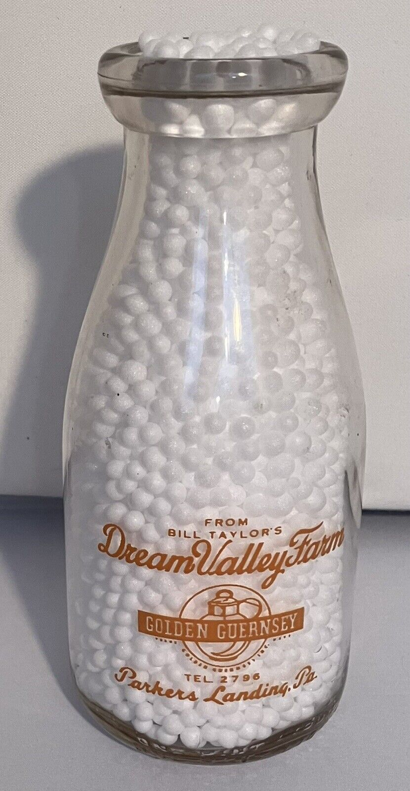 RARE DREAM VALLEY FARM PARKERS LANDING PA ORANGE PYRO GLAZE MILK BOTTLE