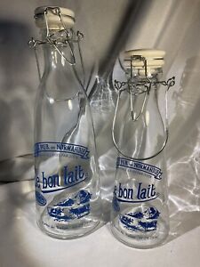 Le Bon Lait Milk Bottles Swing Top Wire Porcelain Cap Rubber Seal Set Of 2