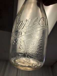 Vintage Seneca Dairy Embossed Squat Quart Milk Bottle Buffalo, NY Indian Graphic