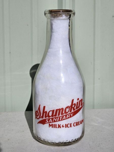 Quart Pyro WWll Era Shamokin Farm Dairy Ice Cream Shamokin Pa Penn Milk Bottle