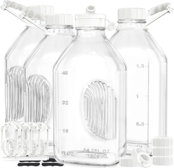 4-Pack 2 Qt Glass Milk Bottles with Handle & Airtight Lids - 64 Oz Juice & Water