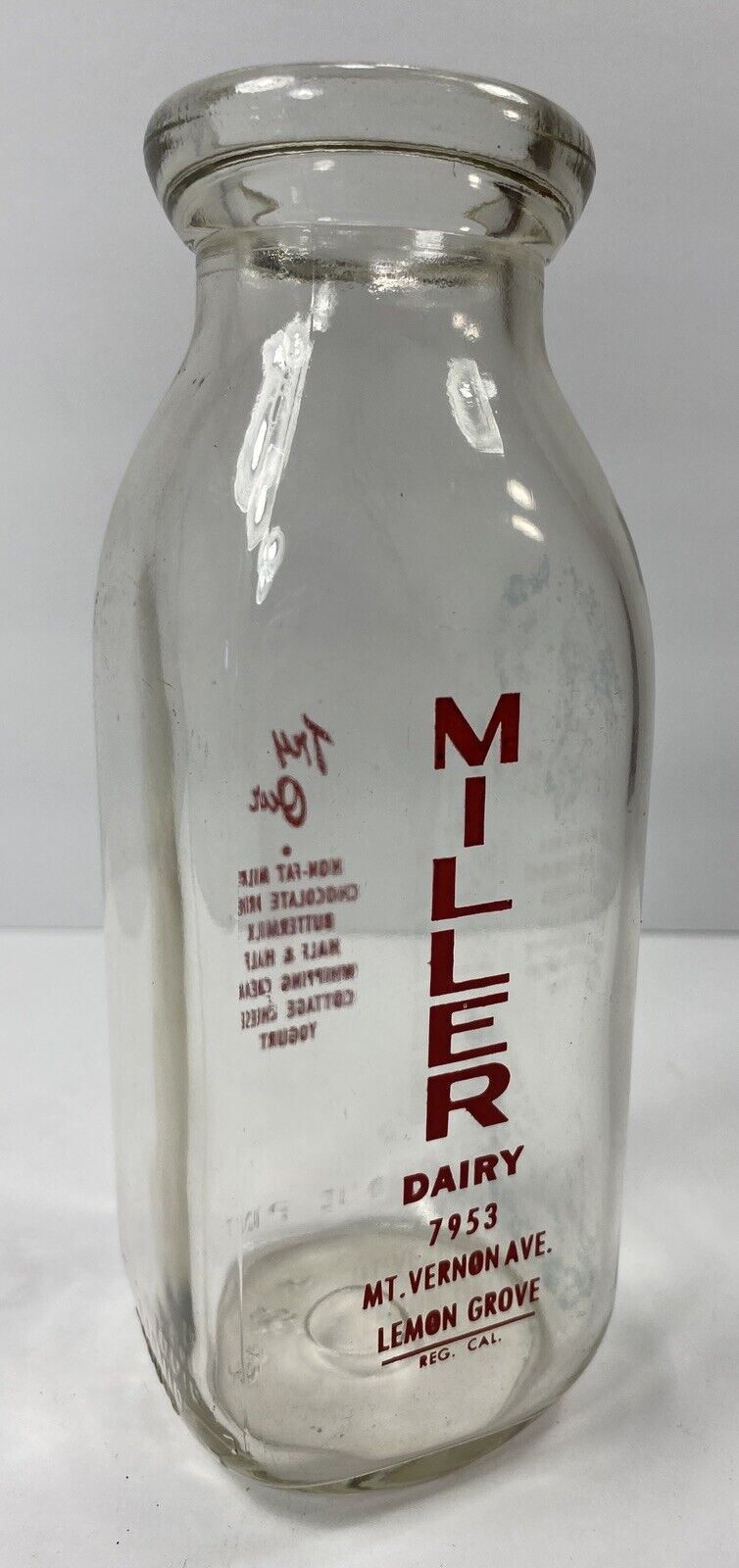 VINTAGE MILLER DAIRY LEMON GROVE CA MILK BOTTLE CLEAR GLASS MINT CONDITION