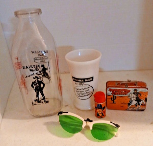 Vintage Hopalong Cassidy Milk Bottle, Glass, Sun Glasses + Lunch Box & Therm