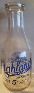 Highland View Farm - D. A. Swift Quart Milk Bottle Cumberland, RI Rhode Island