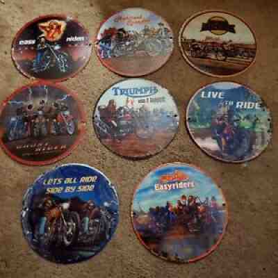 8 VINTAGE MOTORCYCLE DAVID MANN ARTWORK PORCELAIN METAL MAN CAVE GARAGE SIGNS