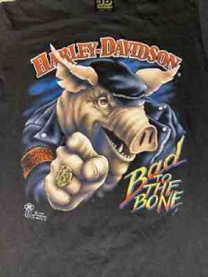 Vintage 1987 Harley Davidson Bad To The Bone Hog 3D Emblem T-shirt Medium U.S.A