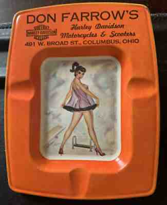 Early 1960s Vintage Harley Davidson Advertising Pin-Up Ashtray Porcelain Metal