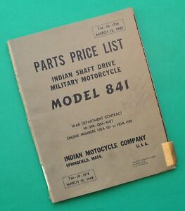 1940's Indian Motorcycle Military Model 841 Shaft Drive Parts List Catalog Book