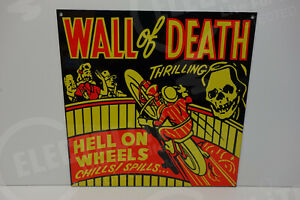 WALL OF DEATH MOTORCYCLE HELL ON WHEELS PORCELAIN SIGN CIRCUS INDIAN SKULL BIKE