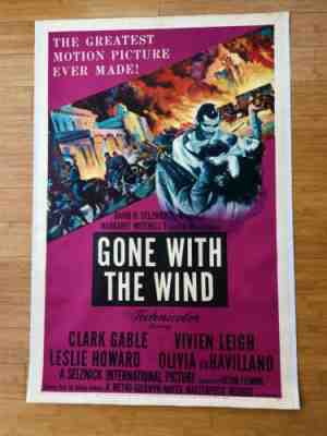 RARE 1954 GONE WITH THE WIND ONE SHEET POSTER LINENBACK CLARK GABLE VIVIEN LEIGH