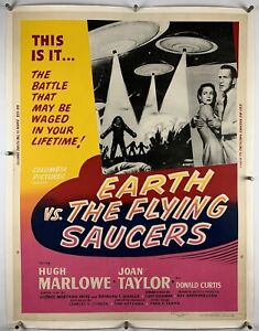 EARTH VS THE FLYING SAUCERS On Linen Movie Poster 30x40 Sci-Fi Aliens 1956