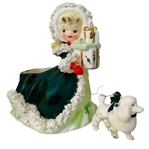 Vintage Napco Christmas Shopper Girl Green Planter w/ Poodle 1950s Japan MCM