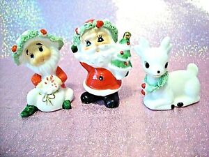 ?i?RARE VTG Napco Christmas Miniature Santa Elf /Sack & Reindeer Figurine Set?