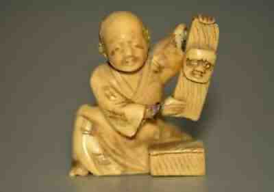 Antique Original NETSUKE Samurai Sitting Craftsman Eido Meiji Figurine Statue