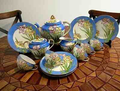 ANTIQUE c.1926 MORIYAMA MORI-MACHI JAPAN16-PC HP GILDED BLUE 5 PERSON TEA SET 