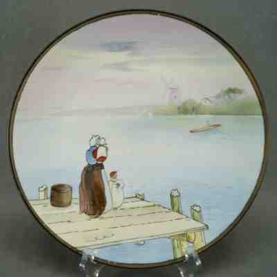 Nippon Morimura Hand Painted Dutch Woman & Children Dock Scene & Windmill Plate