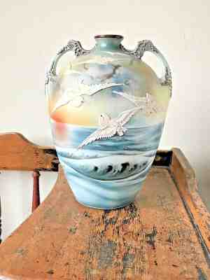 Gorgeous Rare Nippon Vase Heavy Moriage Japonisme Birds Mark#52 Ocean Sunset 