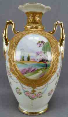 Nippon Hand Painted Landscape Pink Rose Jeweled & Gold Moriage 10 Inch Vase