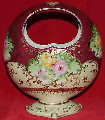 RARE ANTIQUE NIPPON MOON BASKET VASE HAND PAINTED MORIAGE ROSES & GOLD SCROLLS