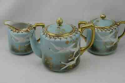 Nippon Flying Geese Gold Moriage Jewelled Tea Set Hand Painted Antique Rare