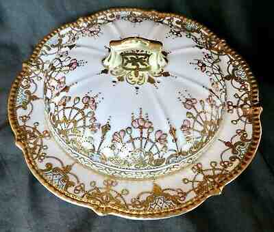 Victorian Nippon Heavy Gold Beaded Enameled Pancake Server Dish Antique romantic