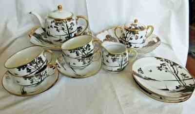 NIPPON HAND PAINTED BLACK GOLD TEA LUNCHEON BREAKFAST SET 17 Pc.SCENIC 