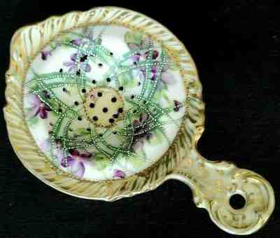 Nippon Porcelain Tea Bag Holder Drip Tray Strainer  Lots of Gold Trim Violets 