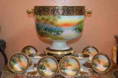 Gorgeous~Rare & Complete Nippon 9 Piece Punch Bowl Set Ducks at Sunset mark#47