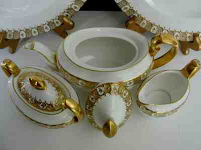 ANTIQUE ROYAL CROWN DERBY RAISED GOLD 3PC  SET & 2 PLATES. HAND PAINTED ENGLAND.