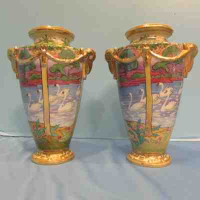 Fabulous Pair Antique Hand Painted Nippon Swan Vases with Rams Head Handles!