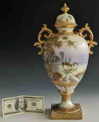 SIGNED Nippon Porcelain Covered Urn Horse Equestrian Jeweled Gold Gilt Vase