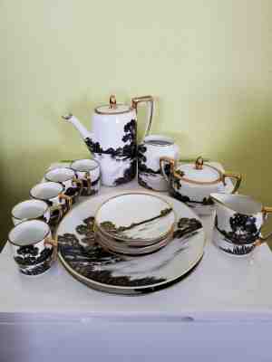 Antique Nippon Black Gold Silhouette Eggshell Tea Set (1891-1921) 18 pieces 