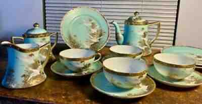 14 Piece Antique Nippon Gold Moriage Jewel Tea set,Â Flying Swans -Hand Painted