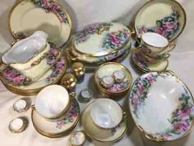 (38 Piece) Hutschenreuther  KPM & Nippon -Partial Yellow DINNER SET w/Pink Roses