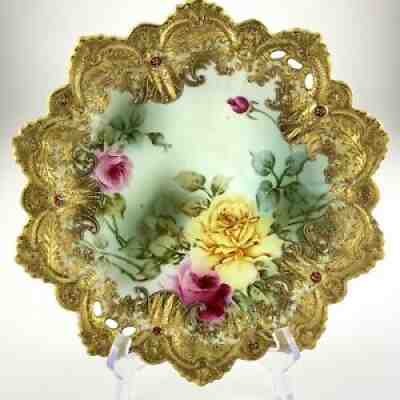 Nippon Hand Painted Art Nouveau Pink Yellow Roses Gold Gilt Charger R908