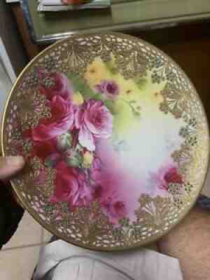 EXQUISITE FINE NIPPON ORNATE BEADED GOLD JEWELED ROSES CHARGER PLAQUE FABULOUS!!