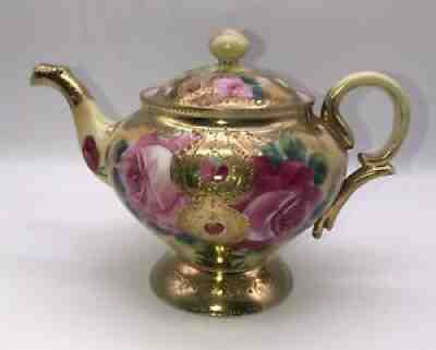 Nippon teapot heavy gold hand painted pink roses pedestal moriage unmarked