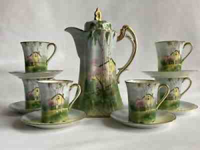 Antique Nippon Chocolate Set Pot 6 Cups & Saucers Unusual House Woods Painting