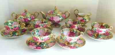 Stunning Antique Hand Painted Nippon Gold Encrusted Pink Roses Pedestal Tea Set