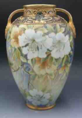 Antique Japanese Nippon Porcelain Vase w/ Raised Enamel & Flowers Morimura Bros