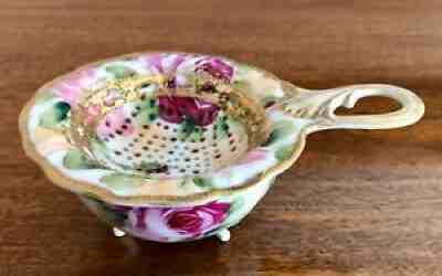 Nippon Tea Strainer With Footed Drip Cup Pink and Fuchsia Roses Gold Leafing