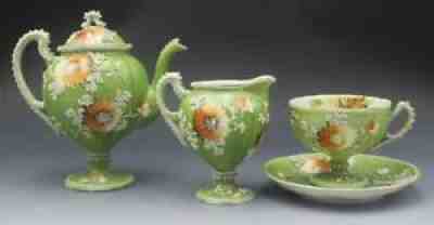 C1920 Japanese Nippon Moriage Beaded Ware Porcelain 3 Piece Tea Set for One