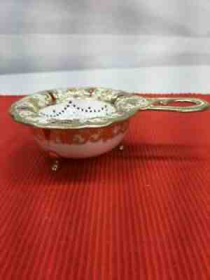 Nippon Noritake Hand Painted Tea Strainer & Matching Drip Bowl White & Gold Trim