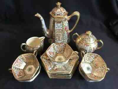 Antique Nippon Tea Set Heavy Gold Gilt Art Deco Design Blue Maple Leaf Mark