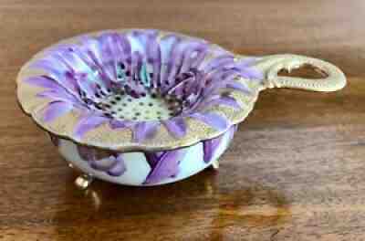 Nippon Tea Strainer With Footed Drip Cup Purple Sunflower and Gold Leafing