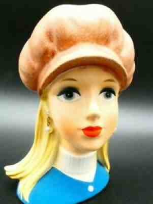 Outstanding Vintage Japan Teen Head Vase Pearl Earrings Newsboy Cap Hat HTF